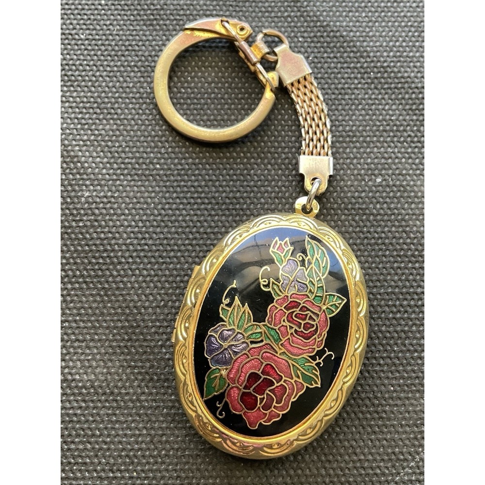vintage gold-toned cloisonné enamel locket keychain Floral Design